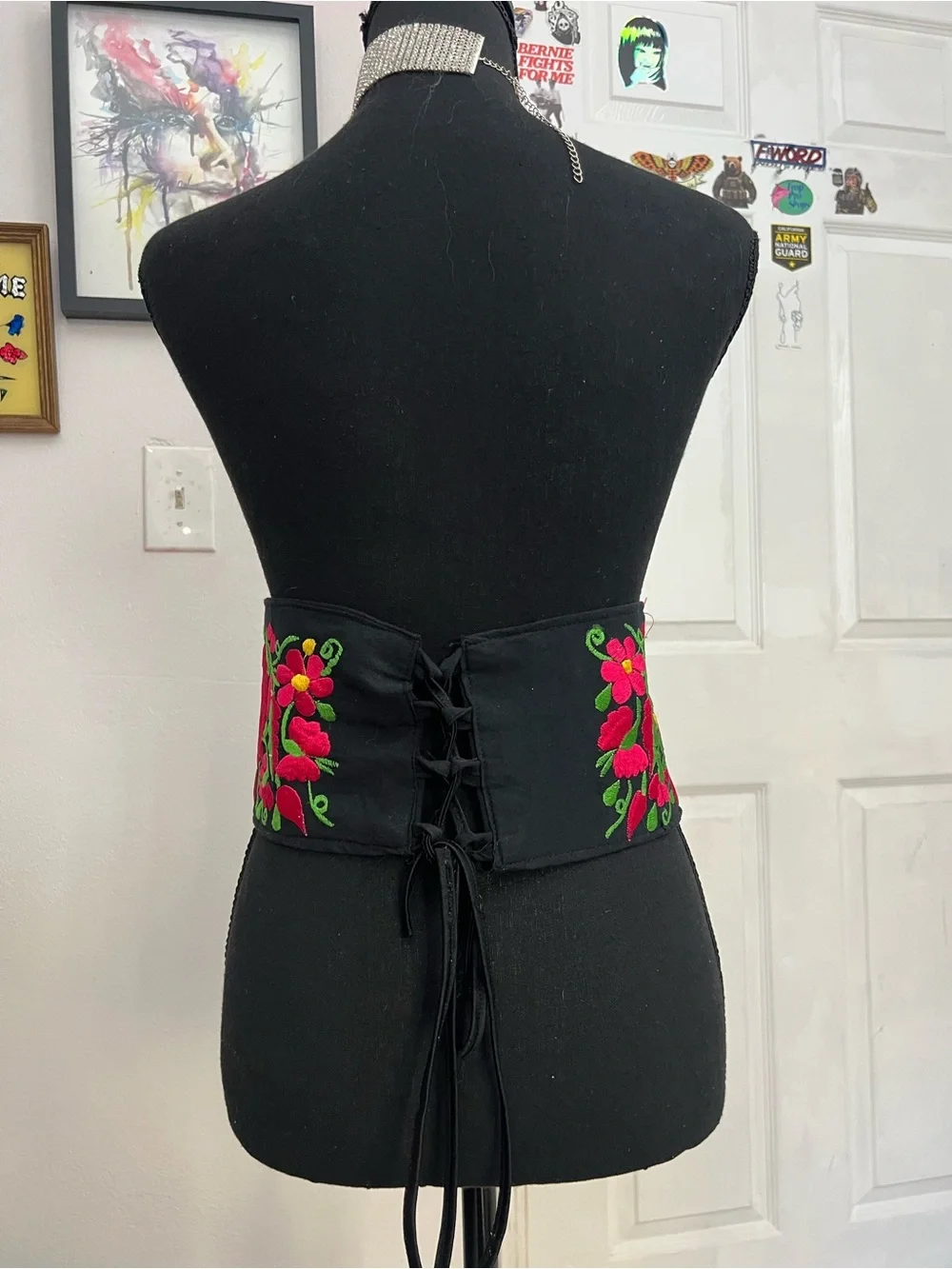 Embroidered Floral Waist Belt in Black with Pink & Green